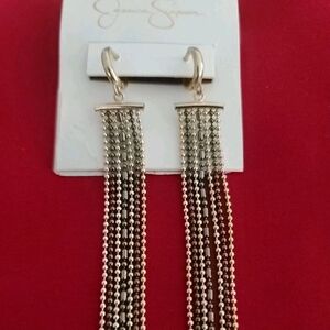 Jessica Simpson Huggie Multi Chain Drop Fringe Earrings in Gunmetal Grey & Brass